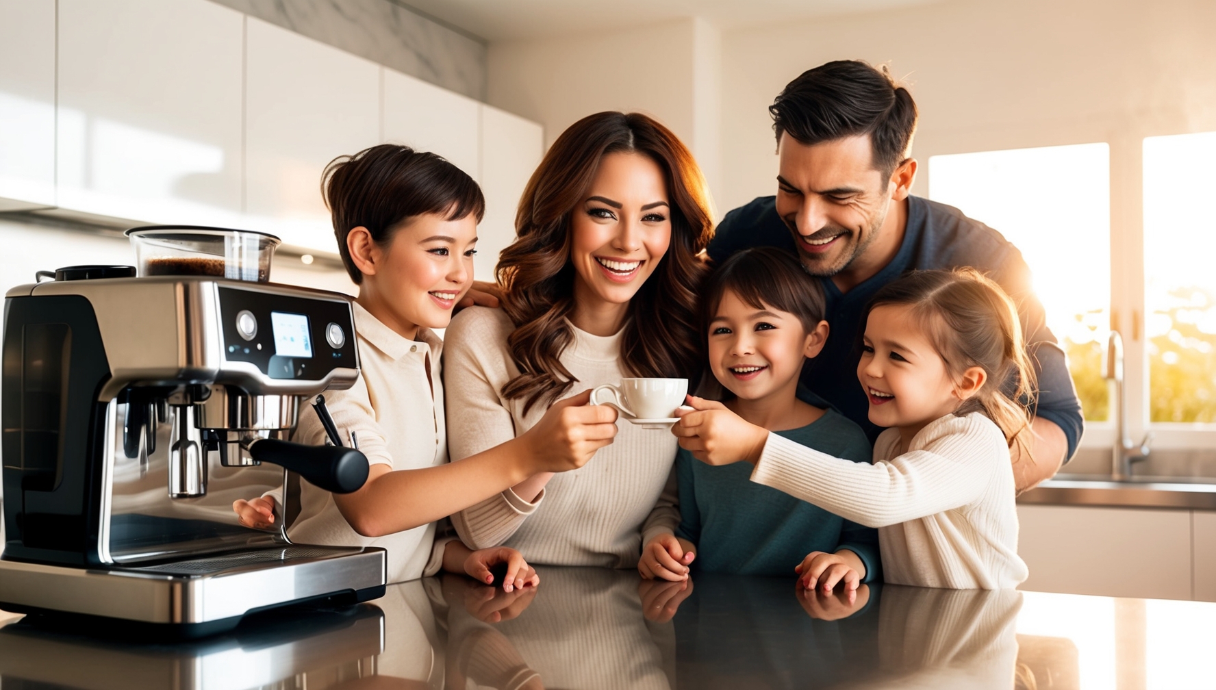 Családi kávéfogyasztás darálós kávéfőzővel - életminőség javulás illusztráció