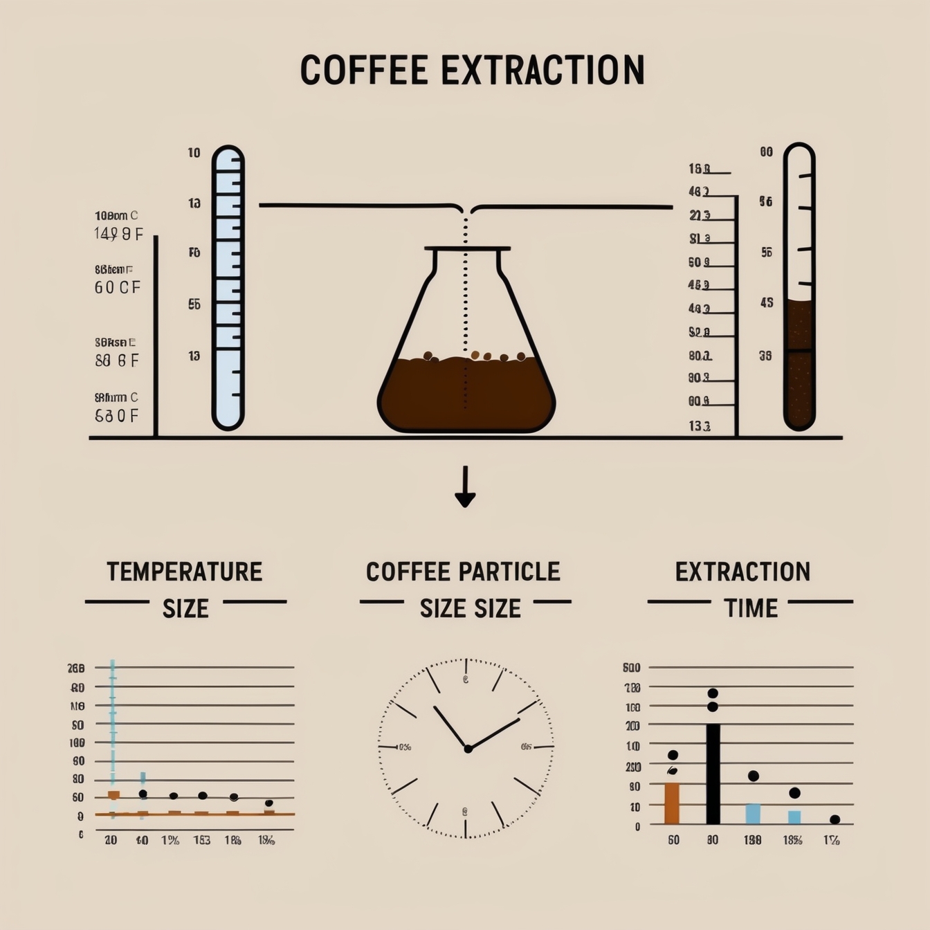 Kávé extrakciós folyamat hőmérséklet és őrlési méret hatása - technikai diagram